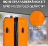 A close-up of an orange suitcase with text overlays highlighting its features. Produktbild-Vorschau