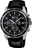 A close-up studio shot of a men's chronograph watch with a black dial and black leather strap. Produktbild-Vorschau
