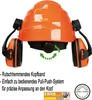 An orange safety helmet with attached ear protection, shown from the front. Produktbild-Vorschau
