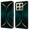A flip-style phone case with a dark green and gold abstract design, shown open to reveal the inside and closed to show the exterior. Produktbild-Vorschau