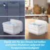 A split image showing a white bucket with water inside a refrigerator on the left, and the same bucket with steam rising from it on a wooden surface on the right. Voir les images du produit