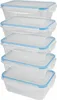 A stack of five clear plastic food storage containers with blue lids. Voir les images du produit