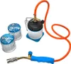 A gas torch set with two fuel canisters, a gas canister holder, and a torch with a hose, all arranged on a white background. Voir les images du produit