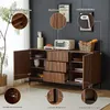 A dark gray wall with a sideboard cabinet in a brown wood tone. The cabinet has two doors and three drawers, and is decorated with various items like a toaster, bread, and a basket of bread. There are also close-up insets highlighting specific features of  Anteprima dell’immagine prodotto