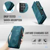 Collage of images showing a teal phone case with wallet and zipper features, highlighting drop tested shock absorption and lanyard functionality. Produktbild-Vorschau