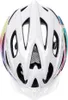 A white bicycle helmet with a colorful pattern on the sides, viewed from the top. Náhľad obrázku produktu