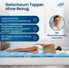 A woman lying on a mattress topper, with text and a portrait of a man highlighting product features. Produktbild-Vorschau
