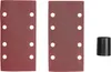 Two rectangular sanding sheets with multiple holes and a black cylindrical adapter are laid out on a white background. Produktbild-Vorschau