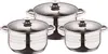 A set of three stainless steel pots with glass lids, arranged in a group on a white background. Produktbild-Vorschau