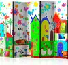 A colorful, cartoon-like illustration of a whimsical village with houses, animals, and flowers, presented as a room divider. Náhľad obrázku produktu
