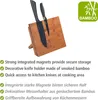 A magnetic knife holder made of bamboo with two knives inserted, along with descriptive text and a bamboo logo. Produktbild-Vorschau