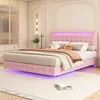 A pink upholstered bed with LED lighting in a bedroom setting. Produktbild-Vorschau