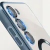 Close-up of the rear camera module and side buttons of a transparent phone case with blue trim. Produktbild-Vorschau