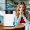 A woman is blowing her nose while sitting on a couch, next to an air purifier. There are representations of viruses in the air around the purifier. A shield with a cross is also present. Náhled obrázku produktu