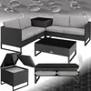 A collage of images showing a rattan lounge set with cushions, a coffee table, and storage options, set against a background with water droplets. Náhled obrázku produktu