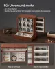 A wooden watch box with multiple compartments for watches and accessories, shown open and closed, with a separate section for sunglasses. Produktbild-Vorschau
