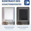 A split image showing two windows with different types of blinds, one translucent and one blackout, to demonstrate contrast. Text overlays explain the features. Produktbild-Vorschau