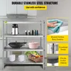 A stainless steel shelving unit with various kitchen items on display, accompanied by feature callouts. Náhled obrázku produktu