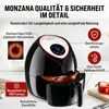 A black air fryer is shown with various features highlighted by text and icons. Produktbild-Vorschau