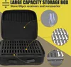 An open storage box with foam inserts for receivers and accessories, with close-up insets showing the foam and some accessories. Produktbild-Vorschau