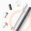 Two stylus pens, one white and one black, are displayed diagonally on a light gray and white grid background with circular peach-colored overlays. Several close-up circular insets show details of the stylus pens and accessories. Produktbild-Vorschau