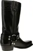 A black leather boot with a harness strap and buckle. Voir les images du produit