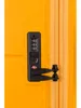 A close-up of a yellow suitcase with a black combination lock and zipper. Produktbild-Vorschau