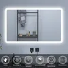 A bathroom mirror with integrated LED lighting, shown above a sink with various icons indicating features. Produktbild-Vorschau