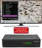 A television screen displaying a channel list, with a satellite receiver below it. A promotional banner is placed between the TV and the receiver. Produktbild-Vorschau