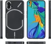 Multiple views of a transparent phone case on a white background, with one view showing the phone screen. Produktbild-Vorschau
