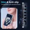A person holding a clear phone case with a MagSafe ring, with marketing text overlaid. Produktbild-Vorschau