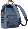 The back view of a blue backpack with brown leather accents. Voir les images du produit