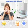 A woman is sneezing into a tissue, with a robot vacuum cleaner and its charging station in the background. Four circular icons at the bottom depict pollen, dust, hair, and bacteria. Produktbild-Vorschau