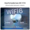 A security camera with floodlights mounted on a wall at night, with text overlays highlighting Wi-Fi 6 features. Produktbild-Vorschau