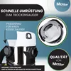 A vacuum cleaner bag being inserted into a vacuum cleaner, with marketing text and logos. Produktbild-Vorschau