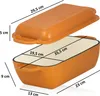 A top-down view of an orange cast iron loaf pan with its lid placed above it, showing dimensions. Podgląd zdjęcia produktu