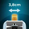 A close-up marketing image showing a toaster with two slices of bread, highlighting the width of the slot. Voir les images du produit