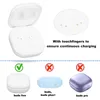 A collage of images showing a white charging case for earbuds, close-ups of charging contacts, and compatibility indicators for different earbud models. Produktbild-Vorschau