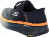 A close-up, rear-side view of a blue Skechers athletic shoe with orange accents. Produktbild-Vorschau