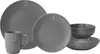 A set of grey ceramic dishes including plates, bowls, and a mug, arranged on a white background. Voir les images du produit