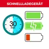 A graphic illustrating fast charging with a clock showing 30 minutes and three battery icons representing different charge levels. Produktbild-Vorschau