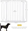 A diagram showing the dimensions of a white metal pet gate, with an illustration of a dog indicating where to measure shoulder height. Náhľad obrázku produktu