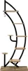A multi-tiered plant stand with a curved black metal frame and wooden shelves.