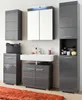 A modern bathroom vanity set with a sink, mirror cabinet, and storage units. Produktbild-Vorschau