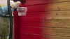 A person is using a red and gray paint sprayer to paint a wooden wall red. Produktbild-Vorschau