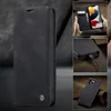 A collage of images showing a black leather phone case for an iPhone 14 Pro Max, including close-ups of its features and how it's used. Produktbild-Vorschau