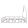 A white wooden house bed frame with a slatted base and a safety rail, shown from the side against a white background. Produktbild-Vorschau
