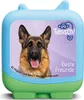 A product image of a German Shepherd dog on a blue and green toy-like object. Produktbild-Vorschau