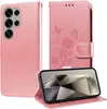 A pink flip phone case with a floral and butterfly design, shown open with a phone inside. Produktbild-Vorschau