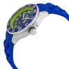 A close-up, side view of a blue and green Ice Watch with a silver casing and a blue silicone strap, set against a white background. Produktbild-Vorschau